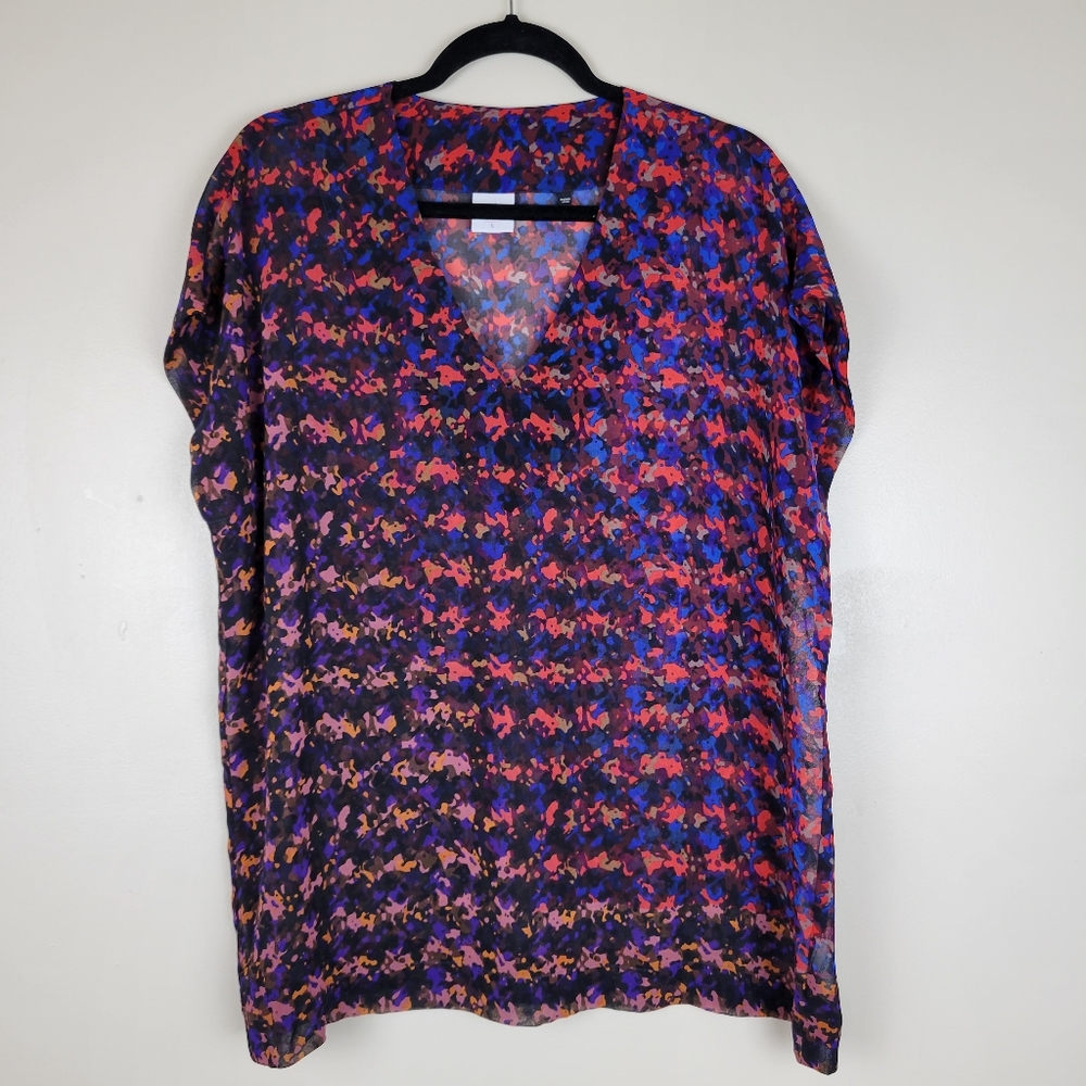 CAbi Vibrant Abstract Floral V-Neck Blouse in Blue, Purple & Pink